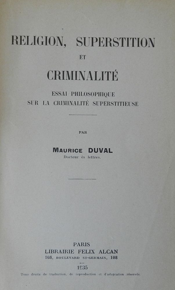 RELIGION, SUPERSTITION ET CRIMINALITÉ - MAURICE DUVAL - 1935 | eBay