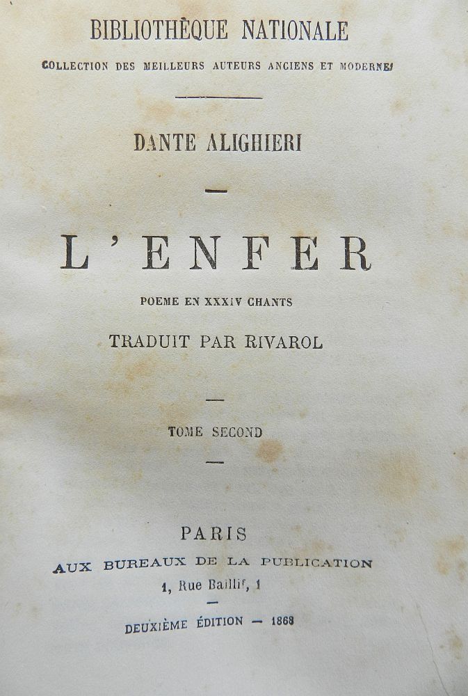 L�ENFER POEME EN XXXIV CHANTS DANTE ALIGHIERI TOME